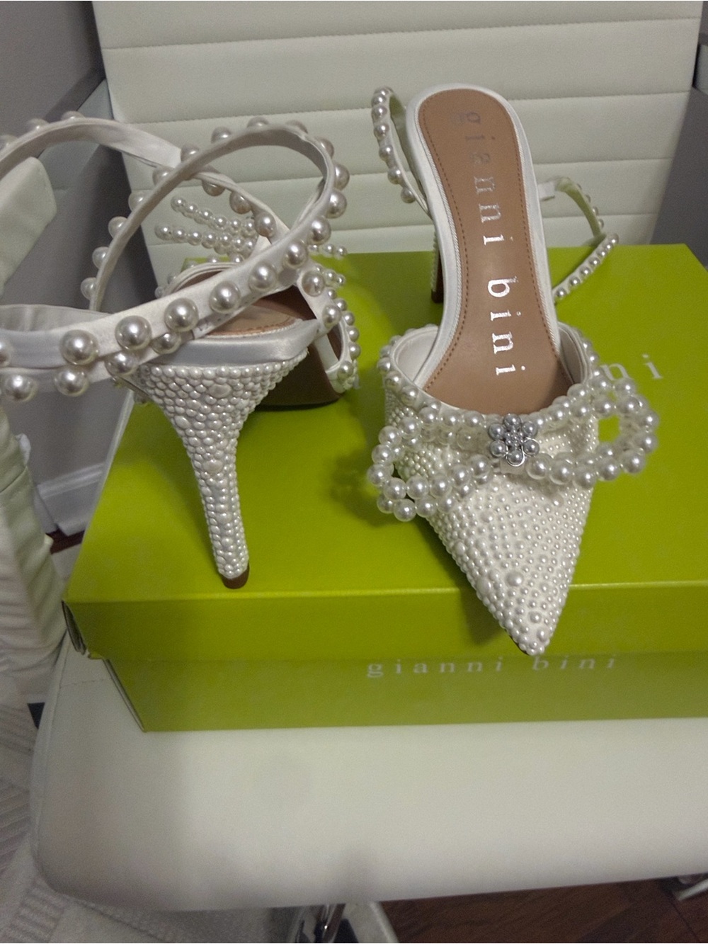 Gianni Bini White Pearl-Embellished Pointed Toe Slingback Heels